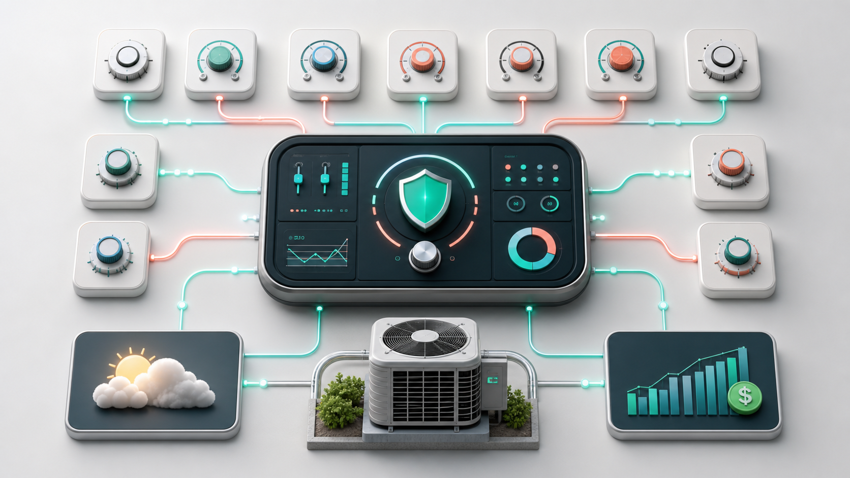 Generated visual showing AC Defender coordinating thermostat algorithms, weather, AC, and energy signals