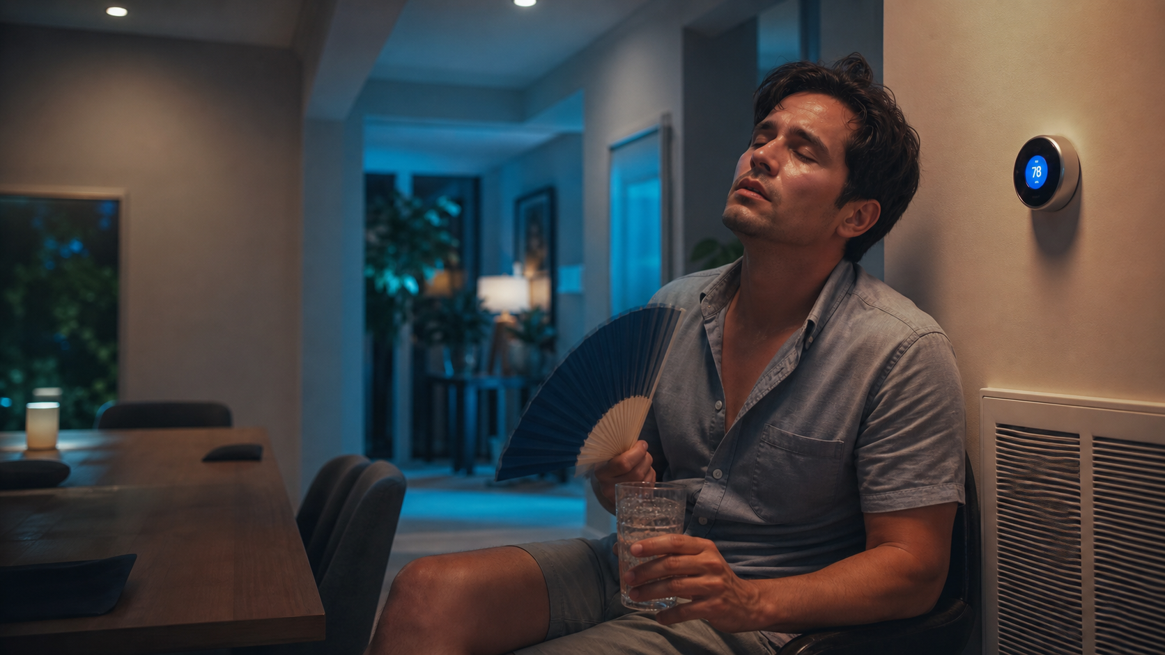 Generated photo of a hot person beside a home thermostat at night