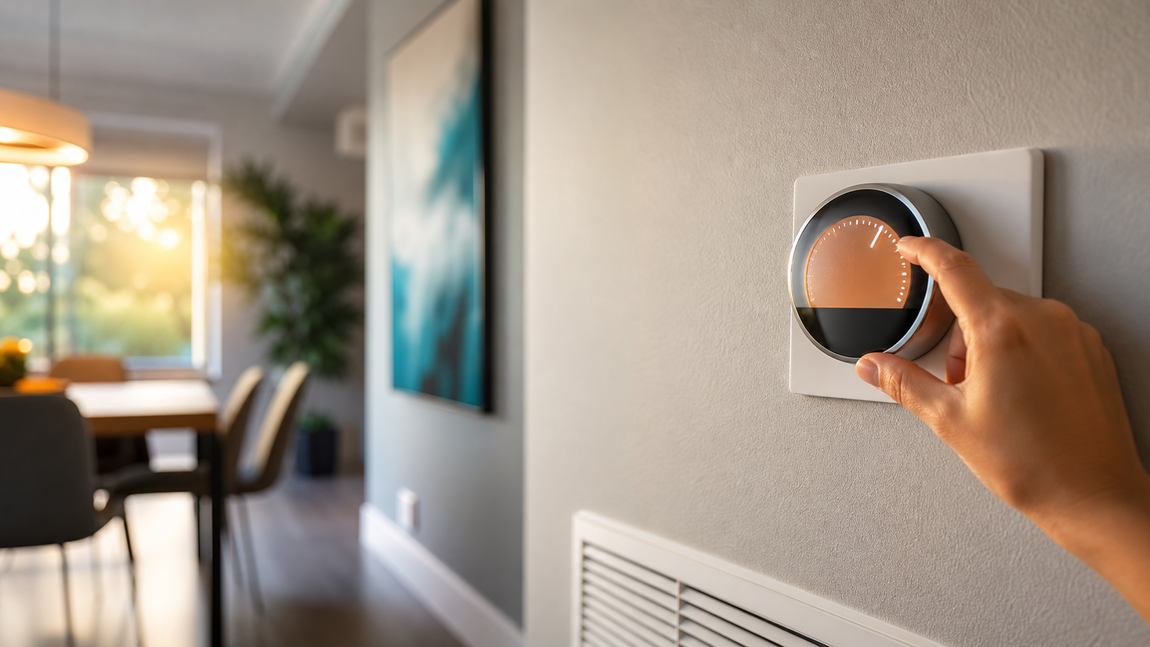 Generated photo of an anonymous hand adjusting a home thermostat warmer