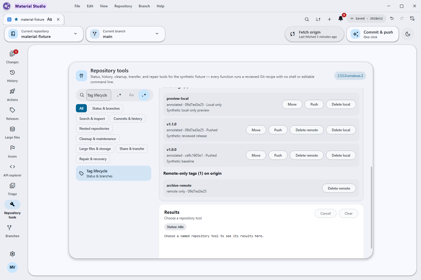 Tag lifecycle workspace showing local, pushed, and remote-only tags with bounded actions