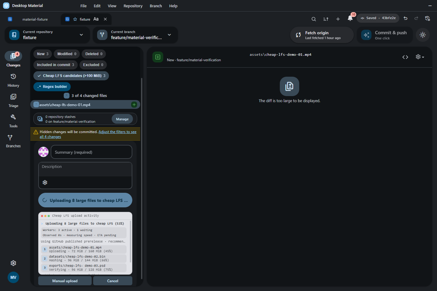 Changes sidebar with the Large files filter and a three-lane Cheap LFS terminal below Commit