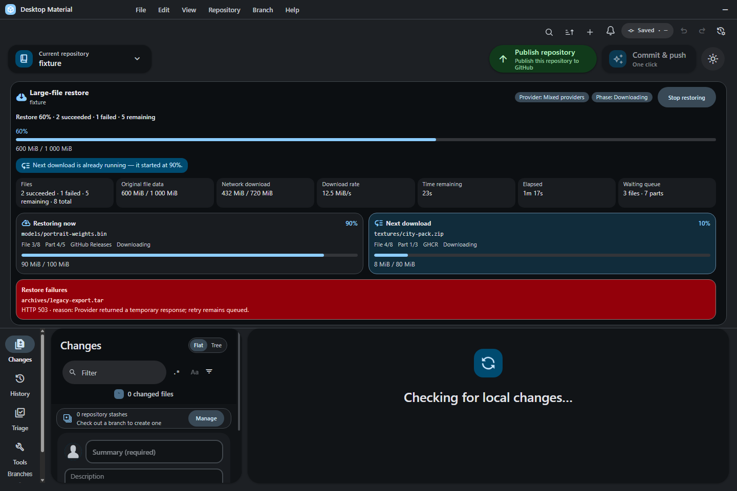 Detailed Cheap LFS restore with the current transfer at exactly 90% and the next transfer already active