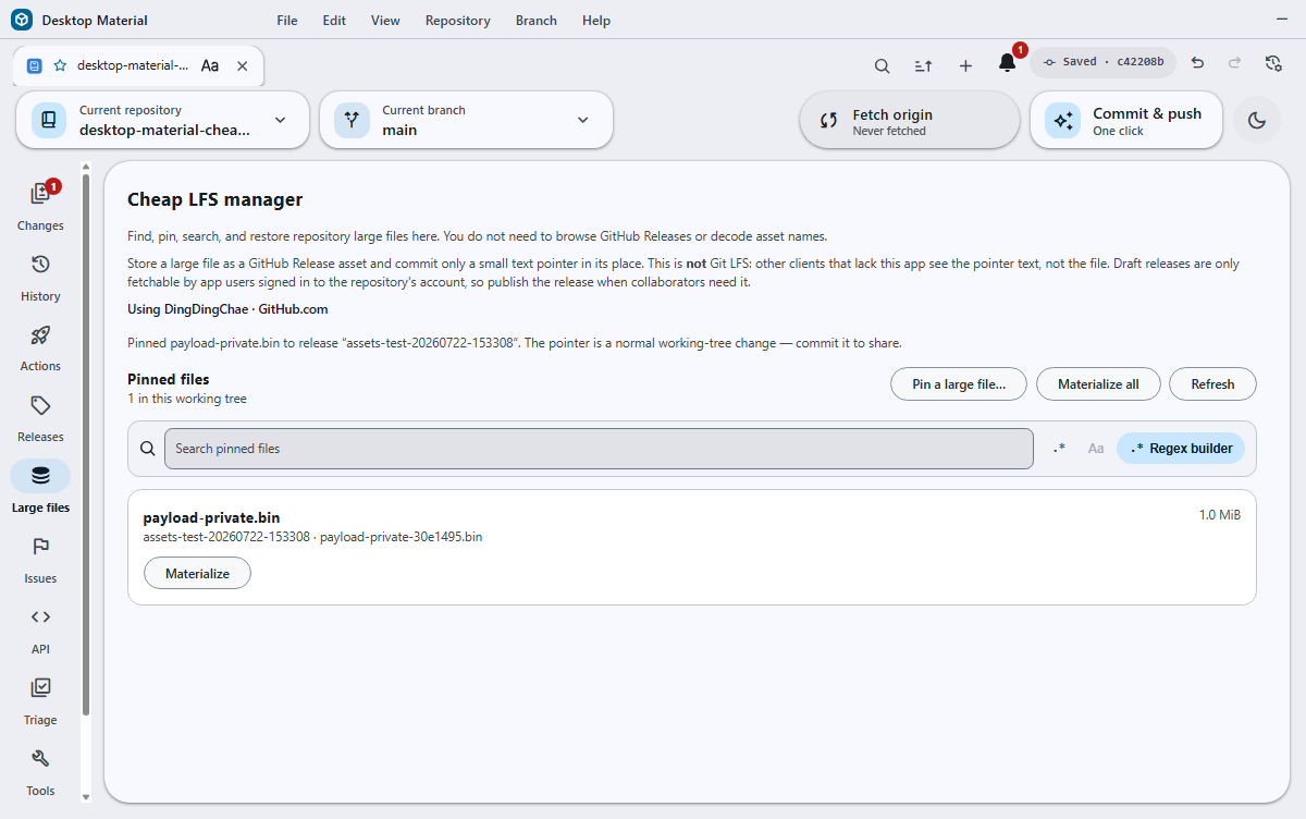 Cheap LFS manager after a live private-repository UI pin with one verified pointer and its Materialize action