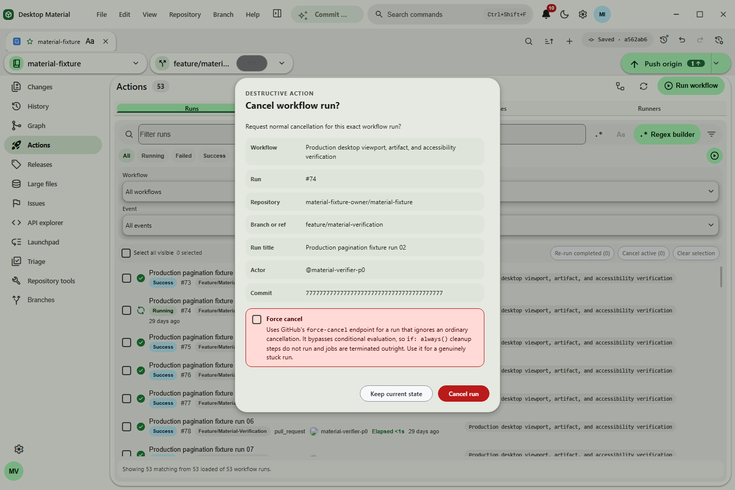 Material workflow-run cancellation review naming the exact run, ref, actor, and commit
