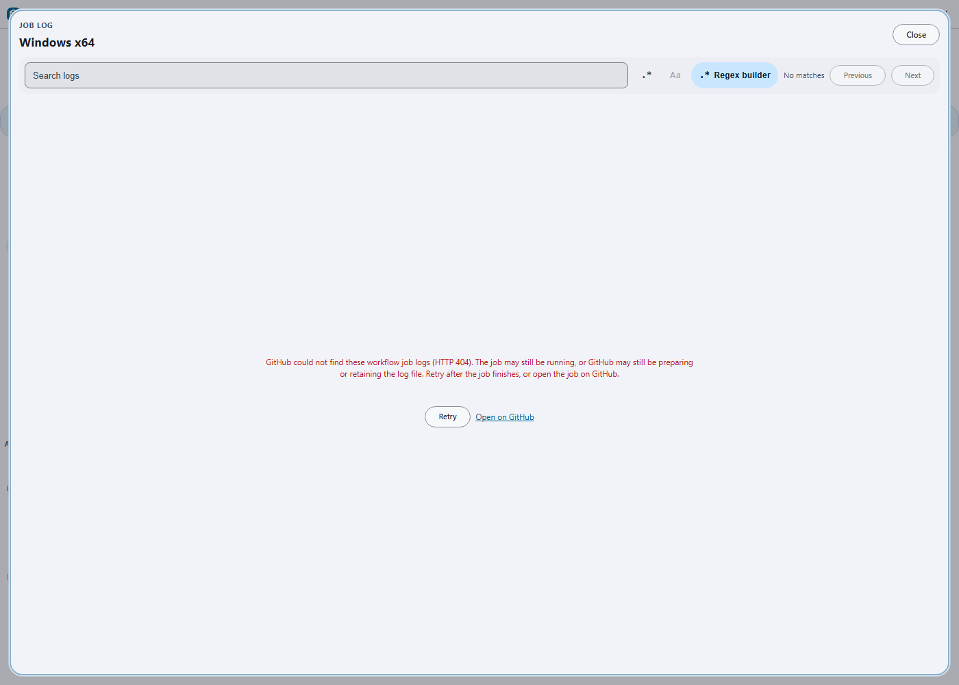 Actions job-log recovery state with Retry and Open on GitHub