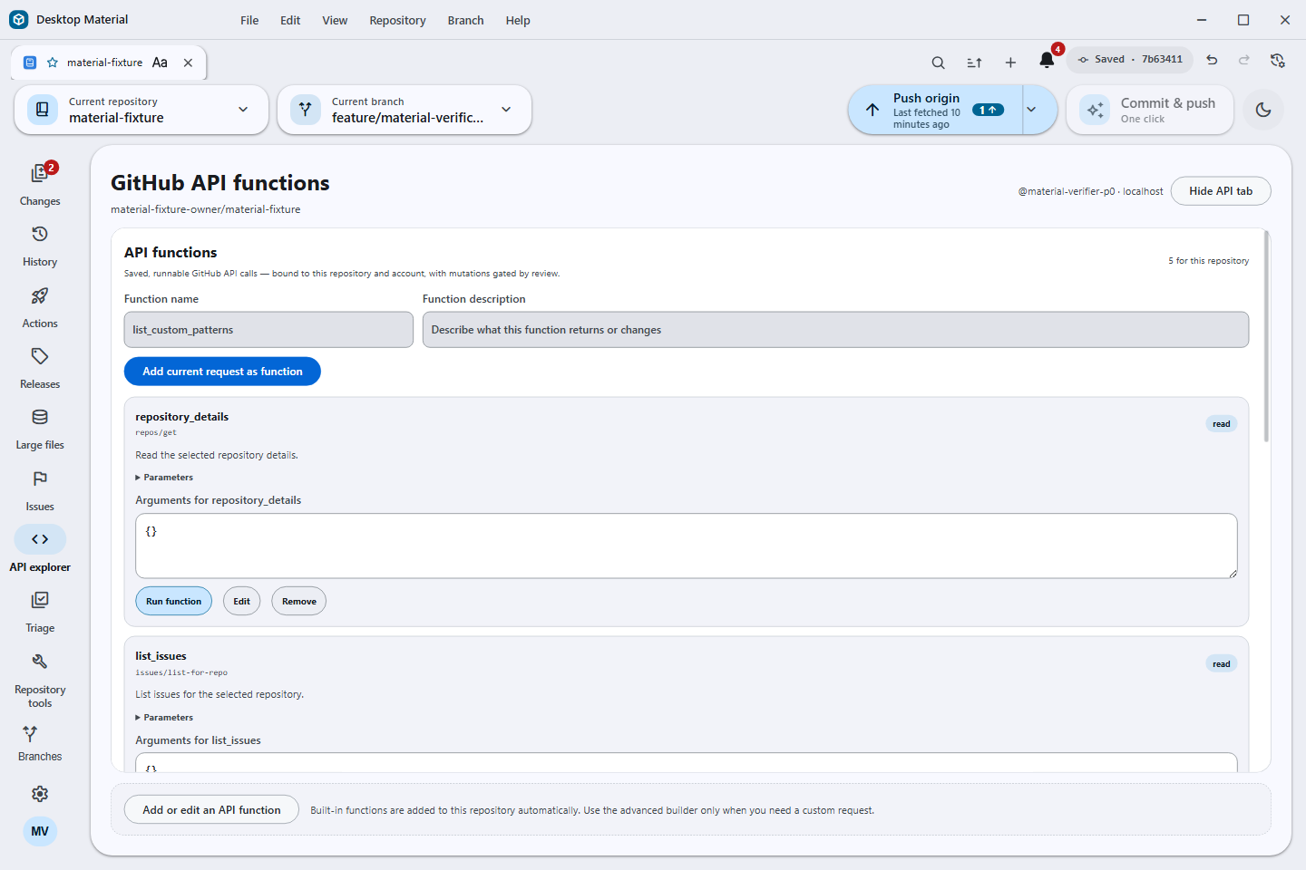Named API app functions extending the selected repository through reviewed REST and GraphQL definitions