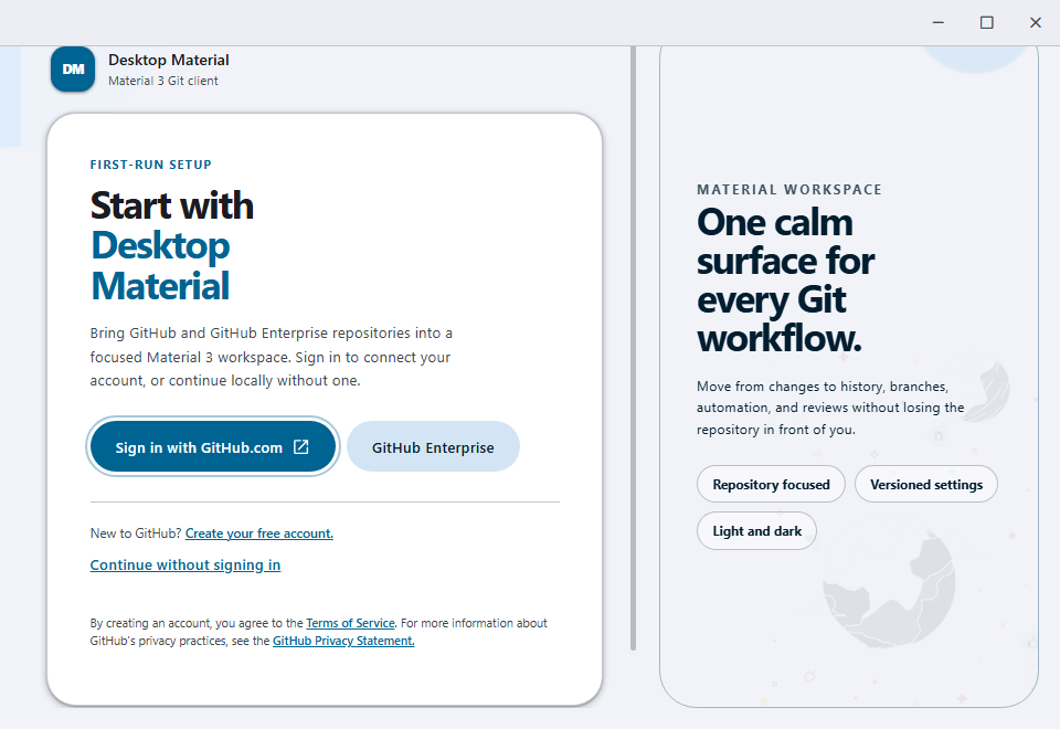 Packaged Desktop Material first-run surface rendered after the blank-startup bundle regression was fixed