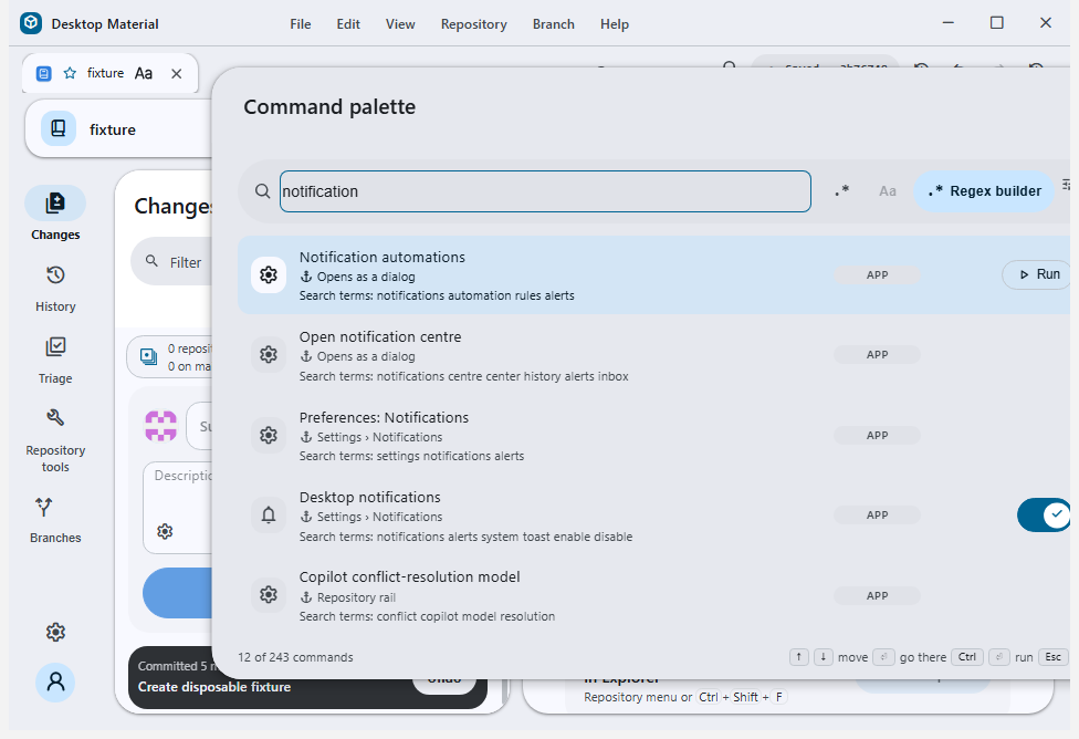 Desktop Material screenshot material-command-palette-notification-before.png, filed under Historical notification palette evidence (outside the current gallery). The Feature Gallery records no alt text and no caption describing this frame.