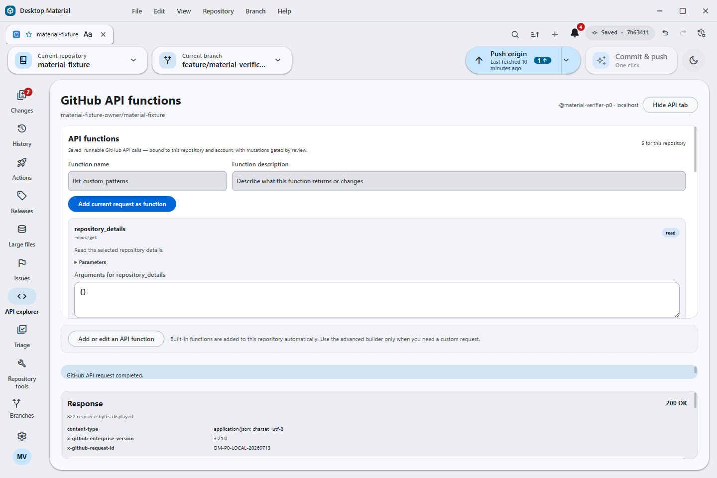Repository-bound GitHub API functions with runnable buttons and an advanced request builder