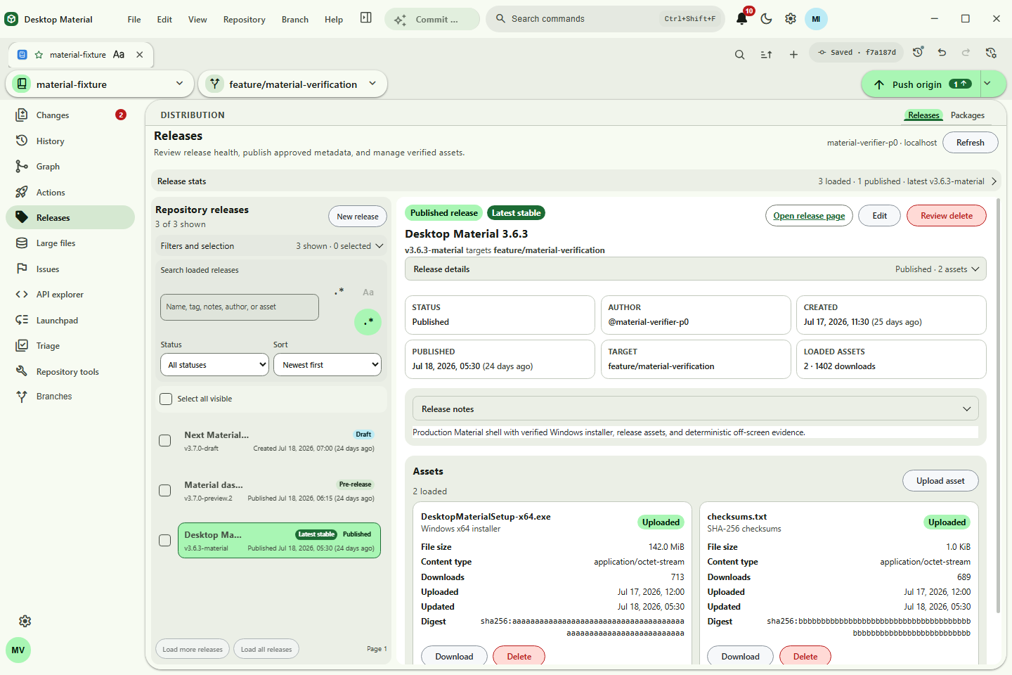 Releases dashboard with status summary and selected release metadata