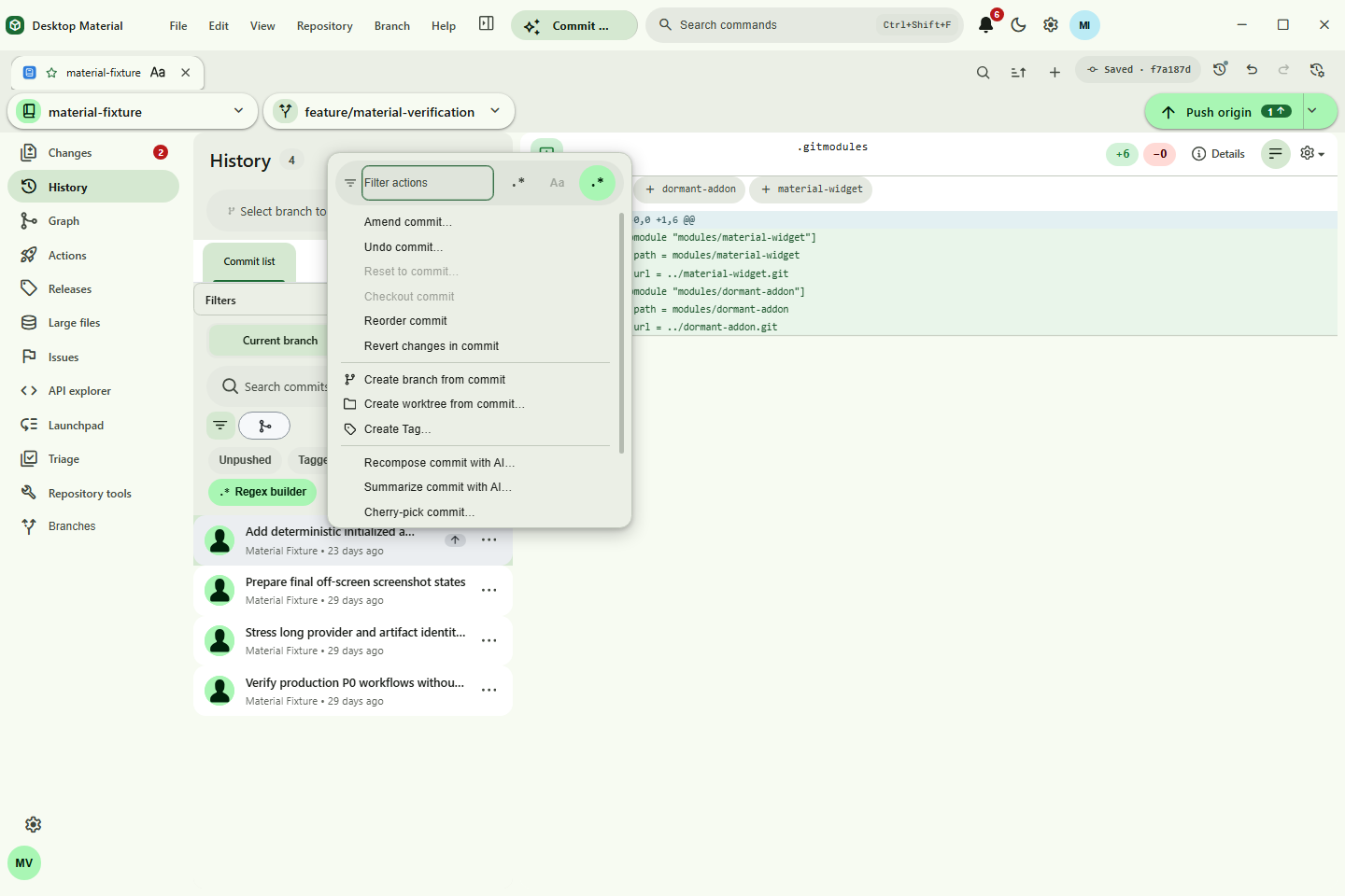 History commit row with its named More actions control and hover hint