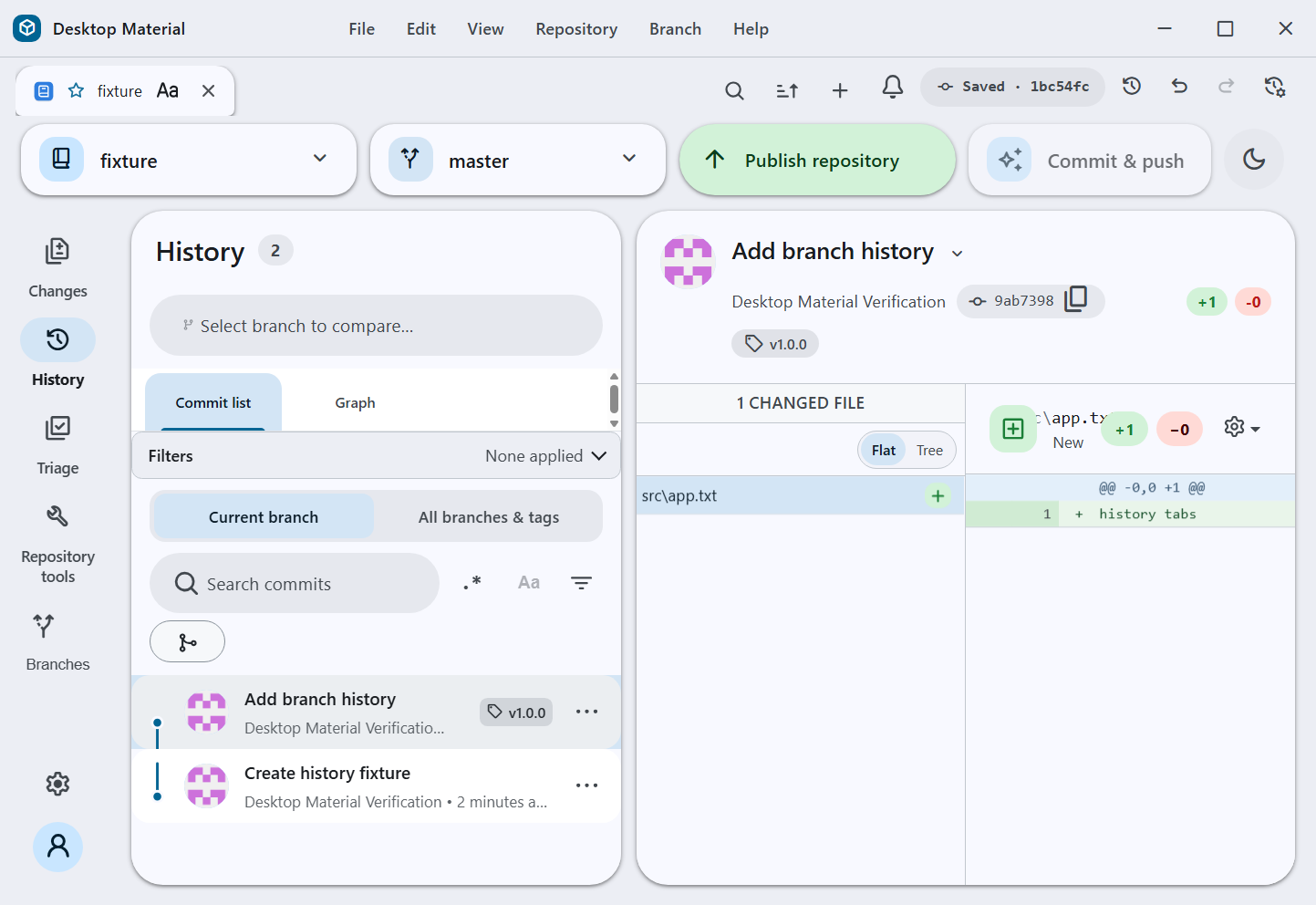 Built Desktop Material History surface with the Commit list tab selected
