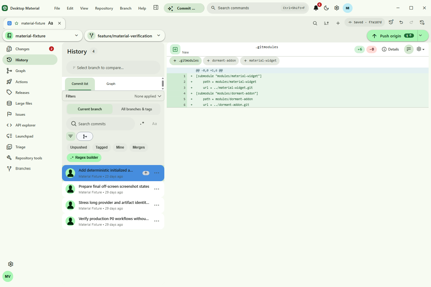 Core History browsing and selected-commit inspection