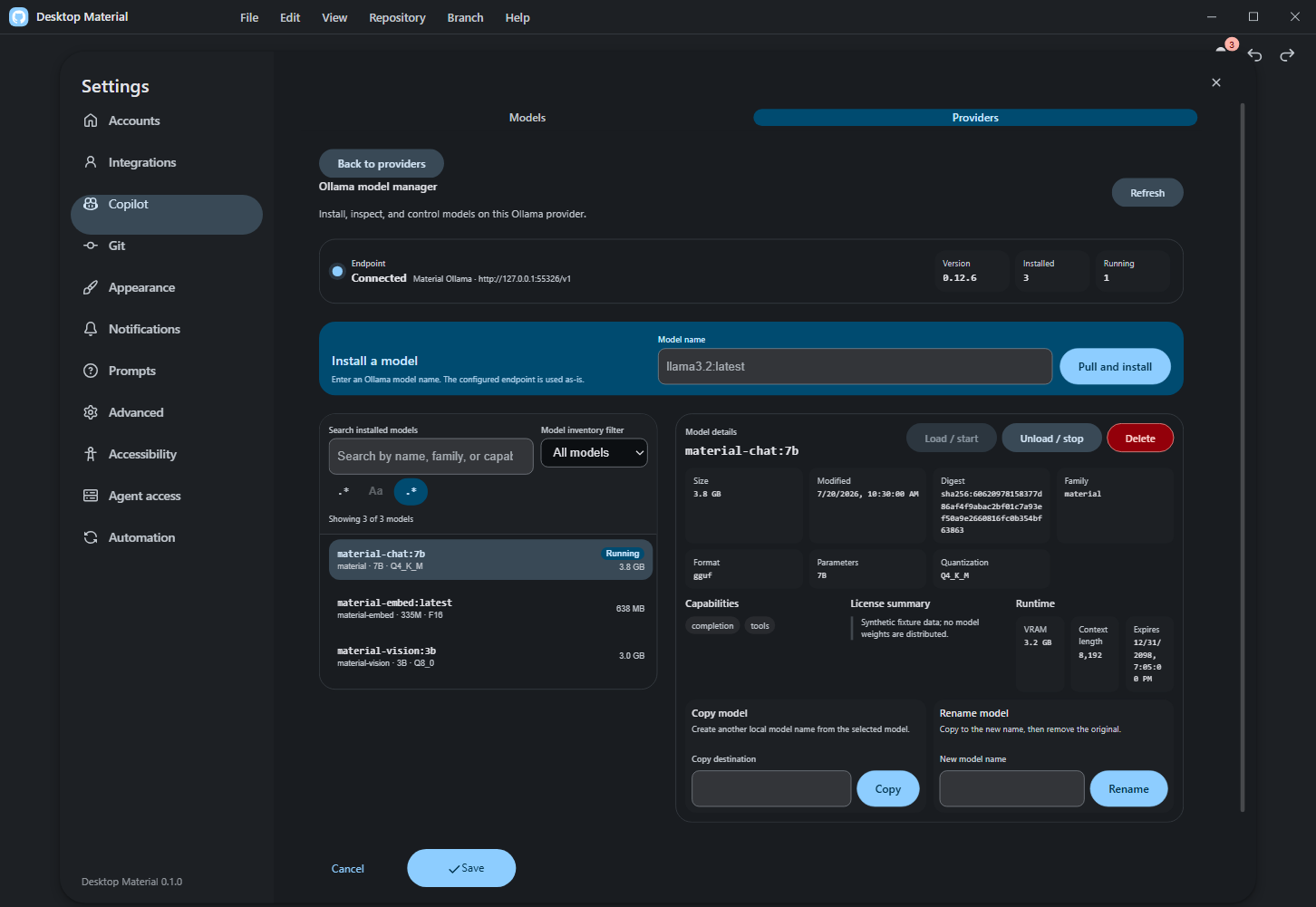 Ollama model manager with endpoint health, installed and running model inventory, selected model details, and lifecycle actions