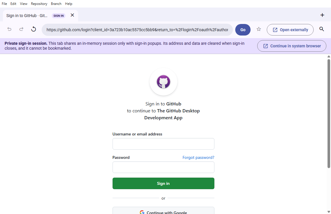 Real app-owned GitHub authorization page opened without a redirect URI warning