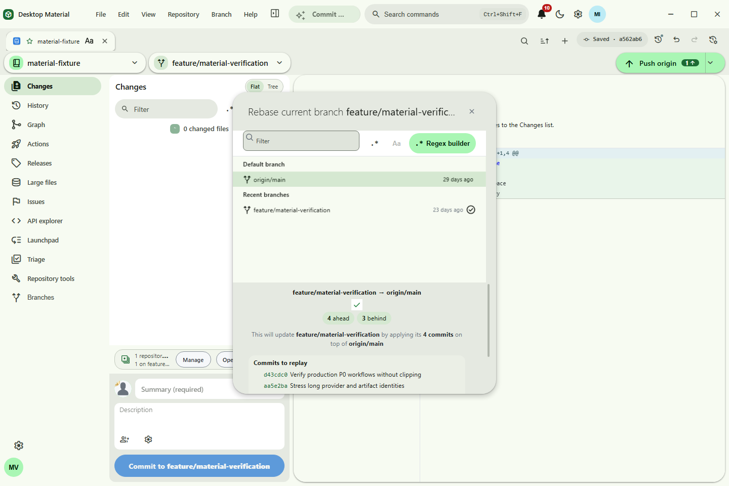 Reviewed current-branch rebase showing current to target, ahead and behind counts, and a bounded commit preview