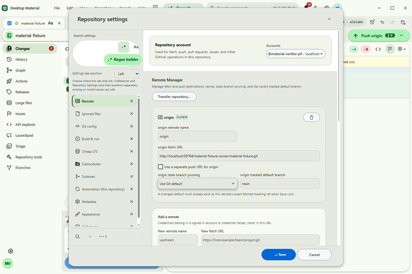 Repository Settings with browser-style tabs and the Remote page selected