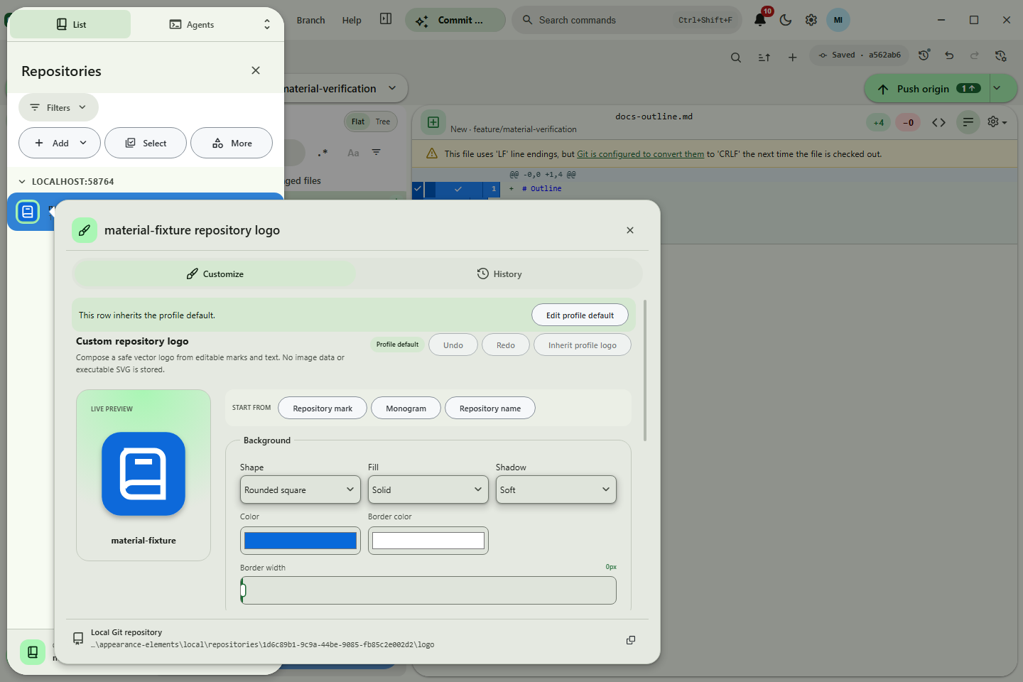Layered custom repository-logo studio with live preview, undo and redo, safe JSON transfer, and repository inheritance
