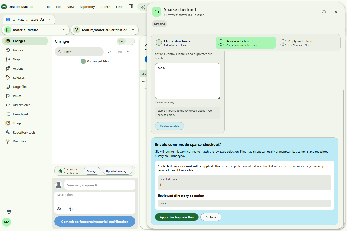 Guided sparse checkout with Review active, a locked editor, and the exact normalized selection