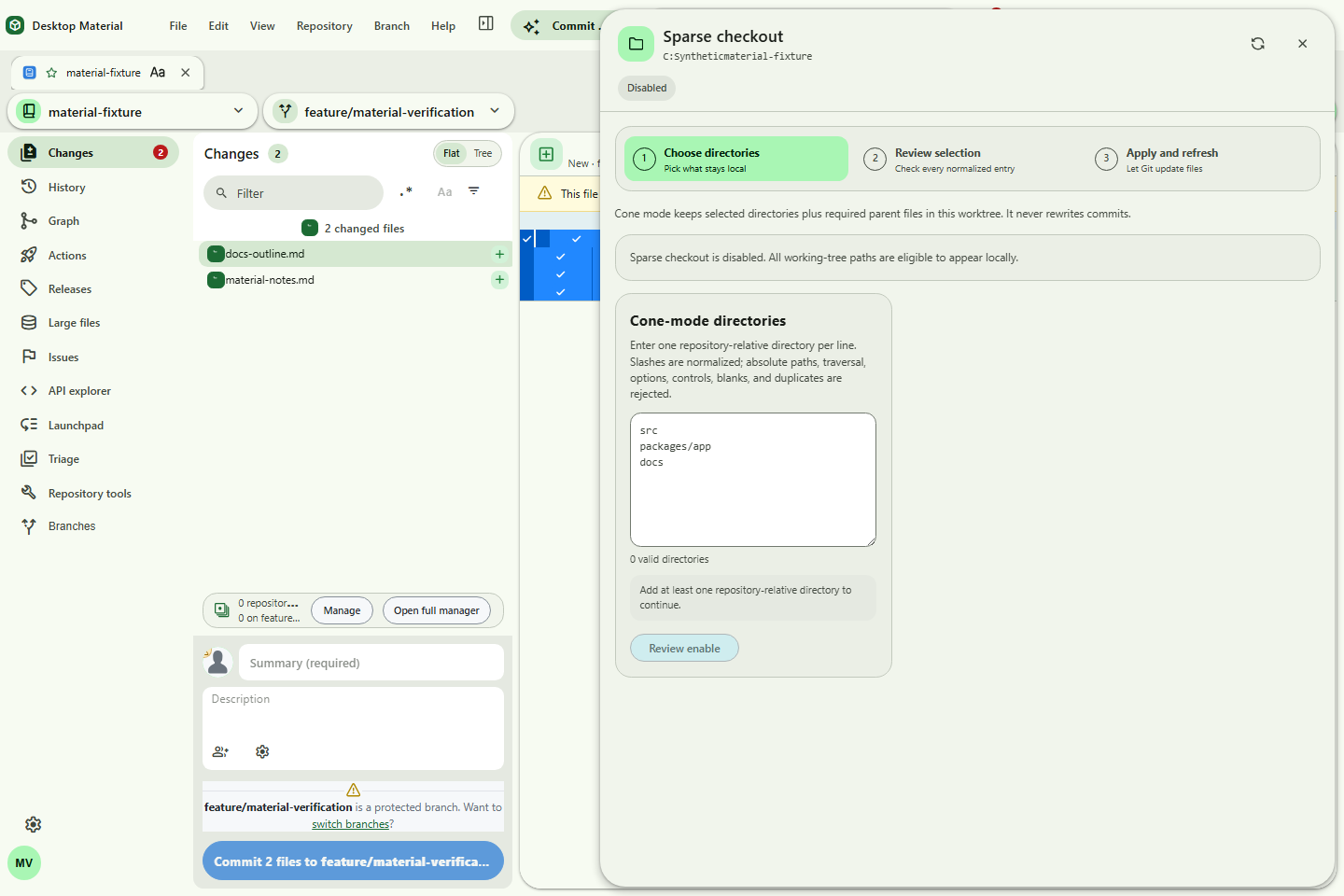 Persistent three-step sparse-checkout guide in its disabled Choose state