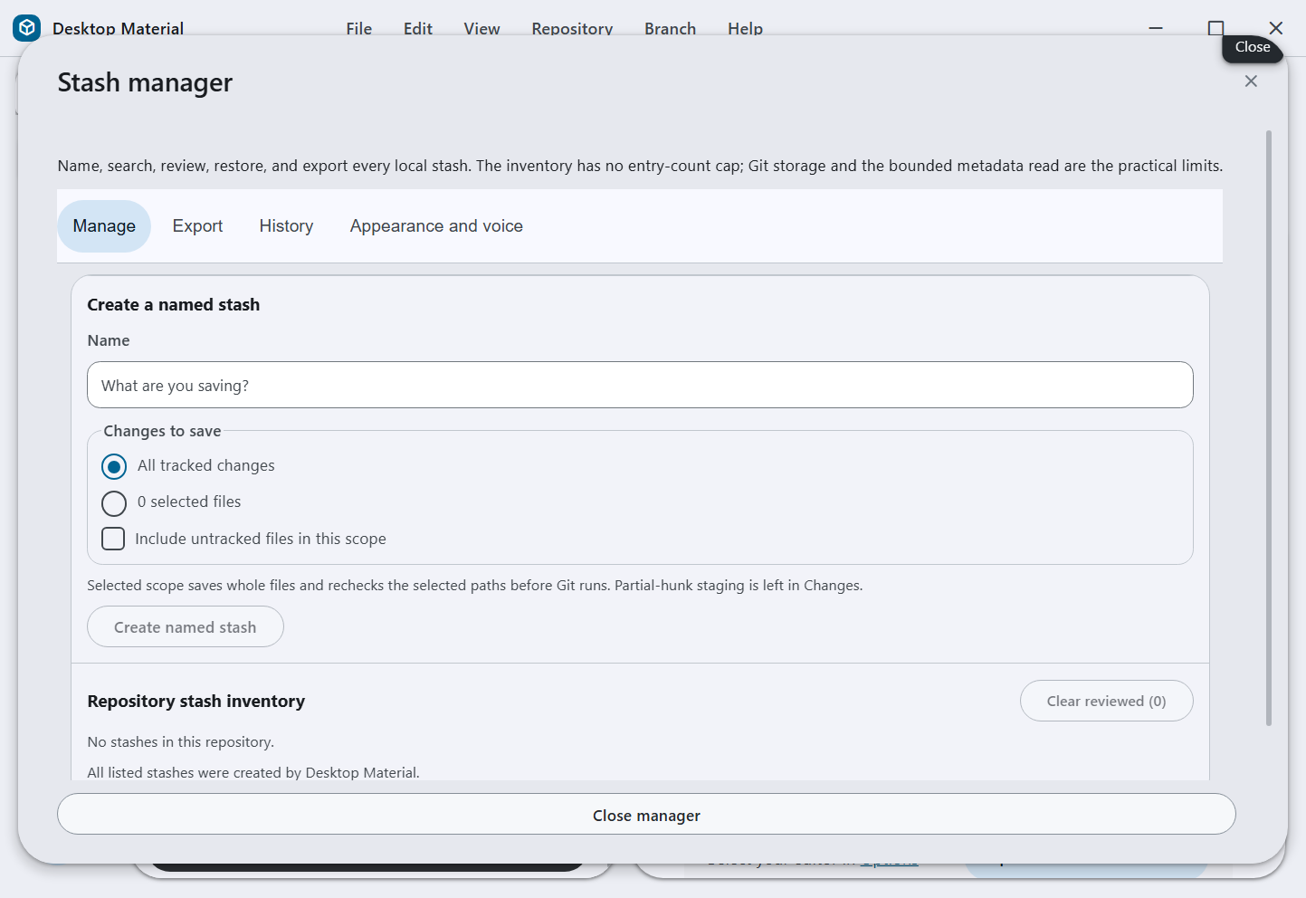 Centered stash manager dialog with Manage, Export, History, and Appearance and voice tabs