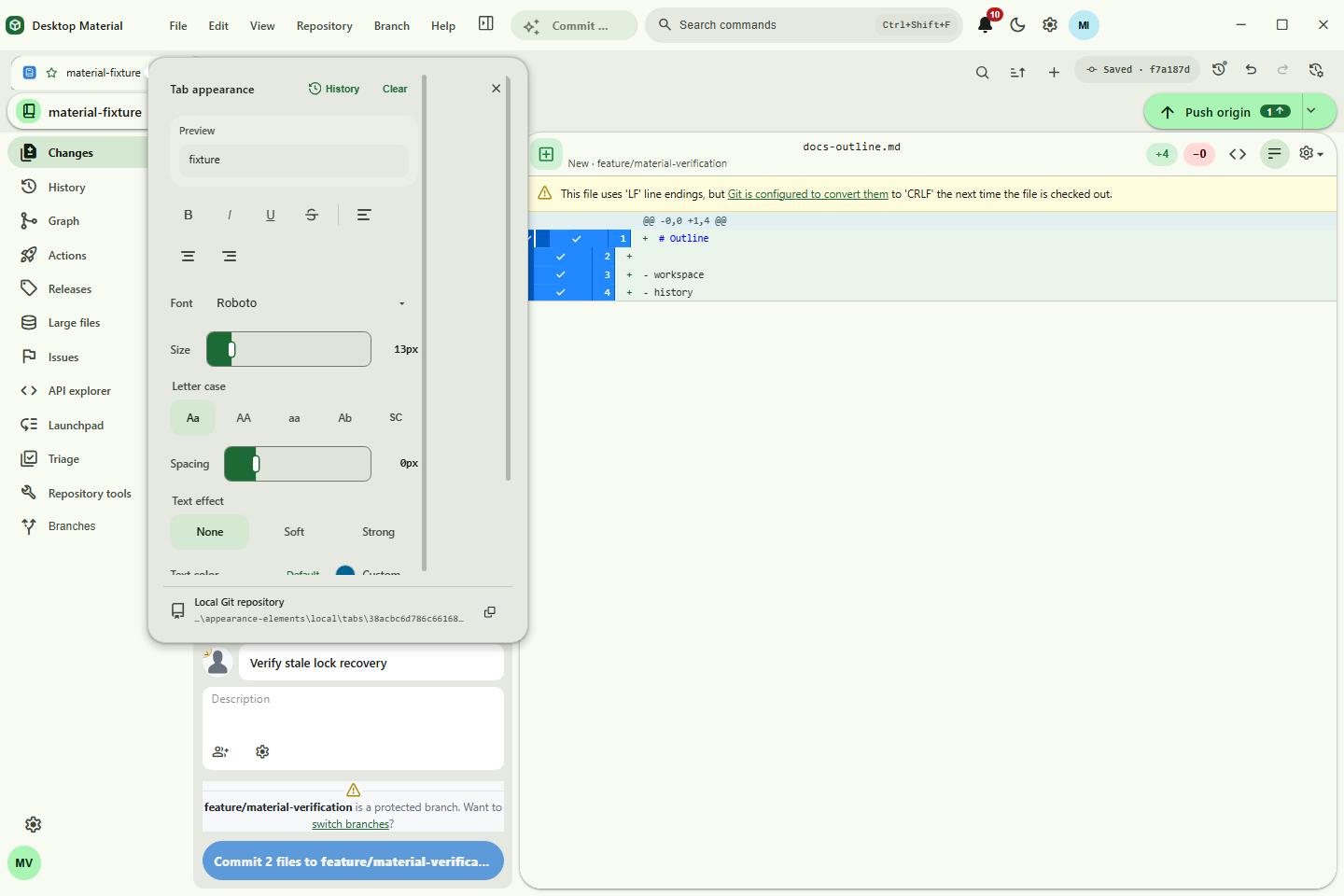 Word-style tab appearance editor with typography, alignment, and independent text and background palettes