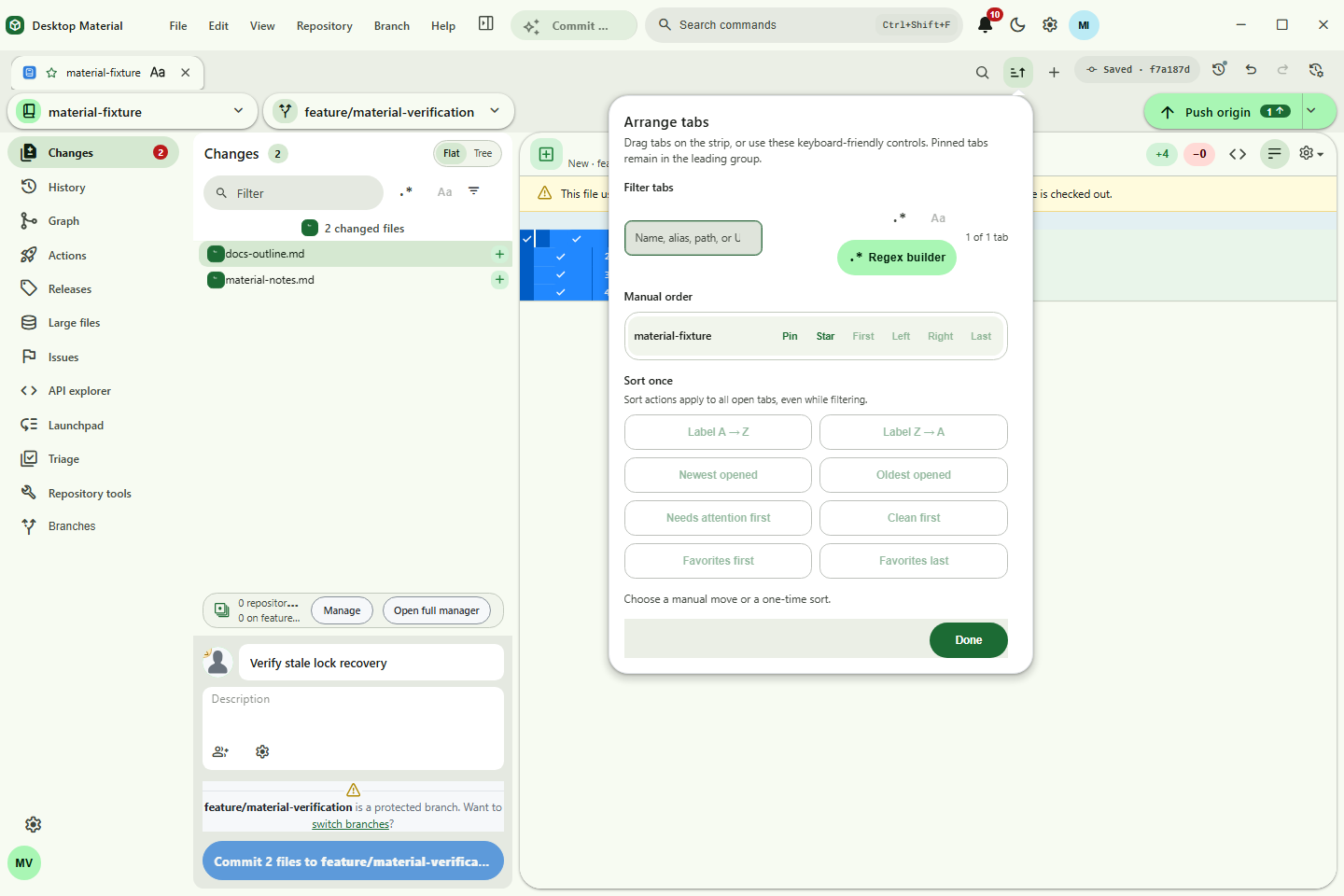 Arrange tabs surface with pinned and manual movement controls plus one-shot label, opened-date, and repository-status sorts