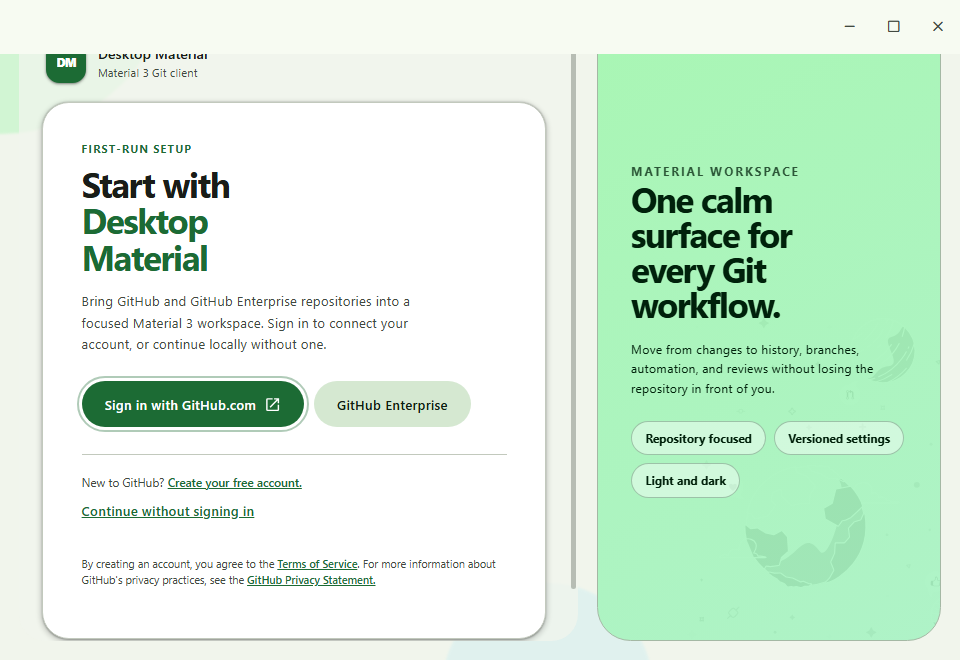 Pure Material first-run Welcome task card and tonal workspace preview