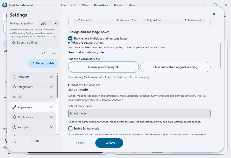 Settings then Appearance showing the Personal vocabulary section after a local file is loaded, with the styled chooser and Clear and restore original wording action