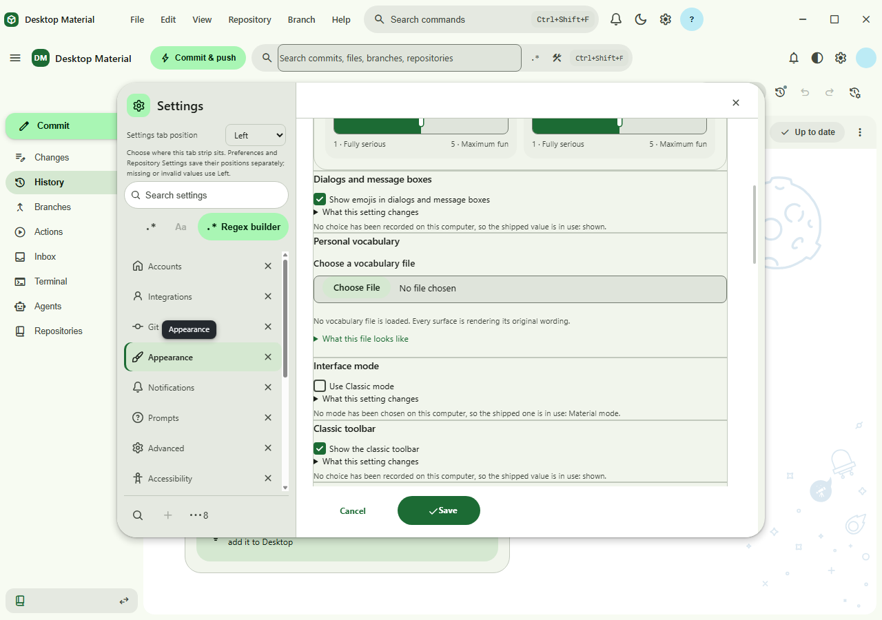 Settings then Appearance showing the Personal vocabulary section: a Choose a vocabulary file picker reading No file chosen, and beneath it the sentence No vocabulary file is loaded, every surface is rendering its original wording