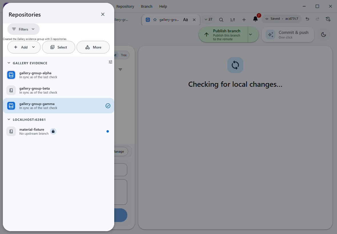 Repository group expanded with per-row sync summaries