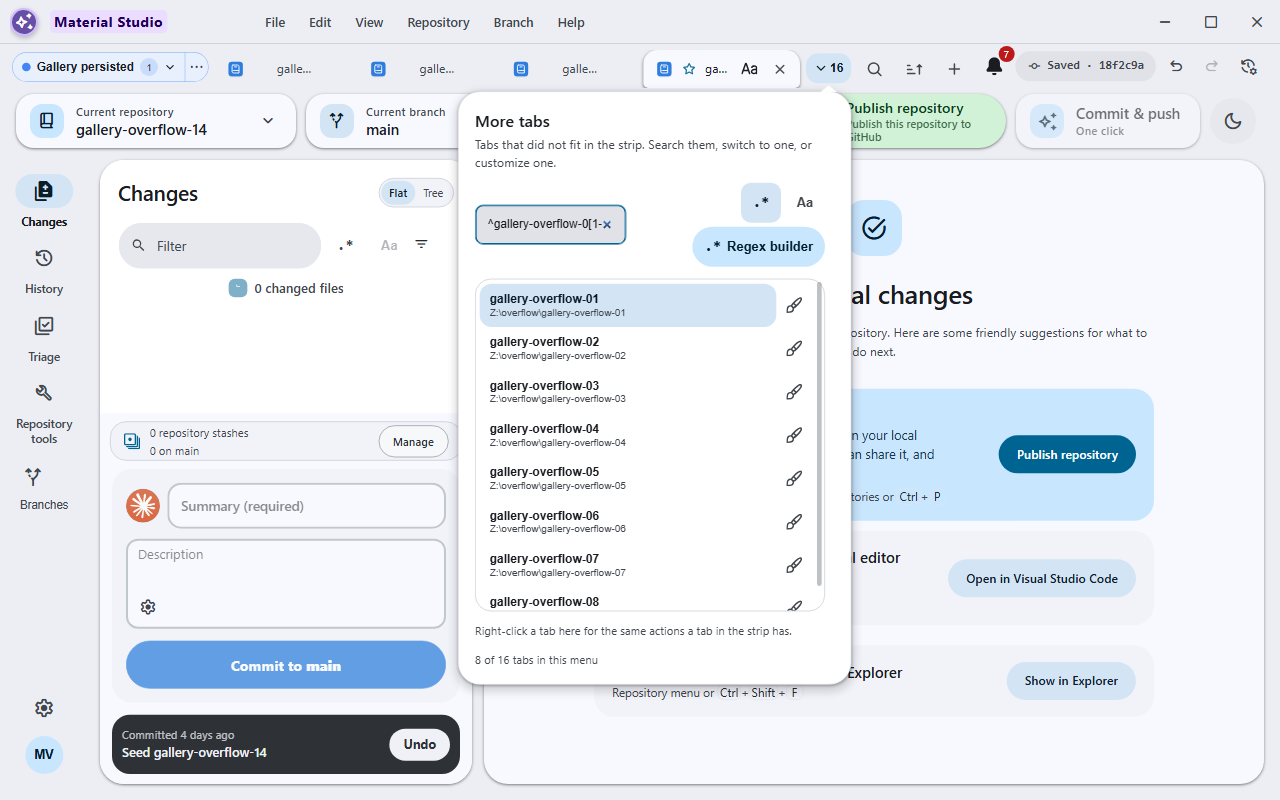 Tab overflow dropdown with its search field and regex builder