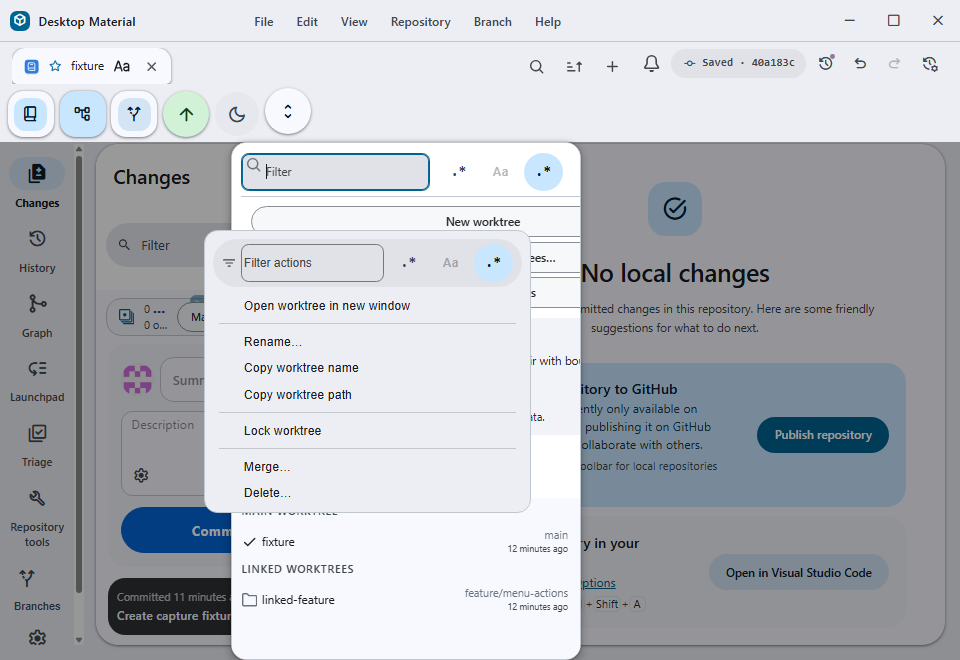 Linked worktree context menu with Merge and Delete available