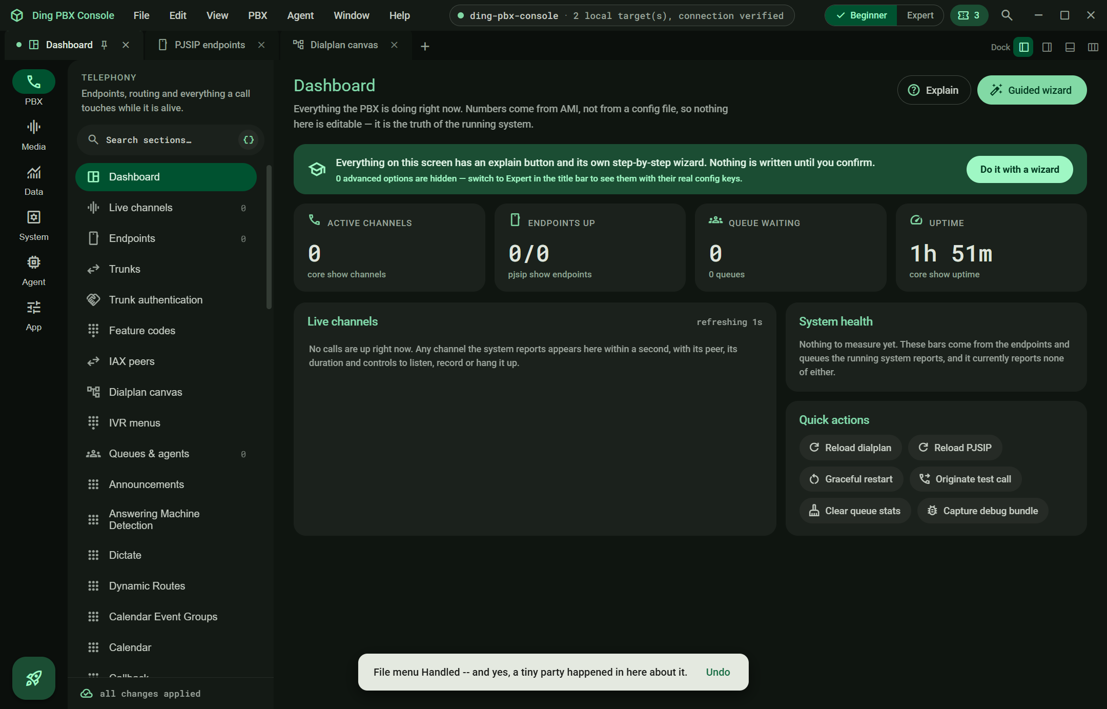 Dashboard in Material Asterisk. Live counters read from the running system, each labelled with the command it came from.