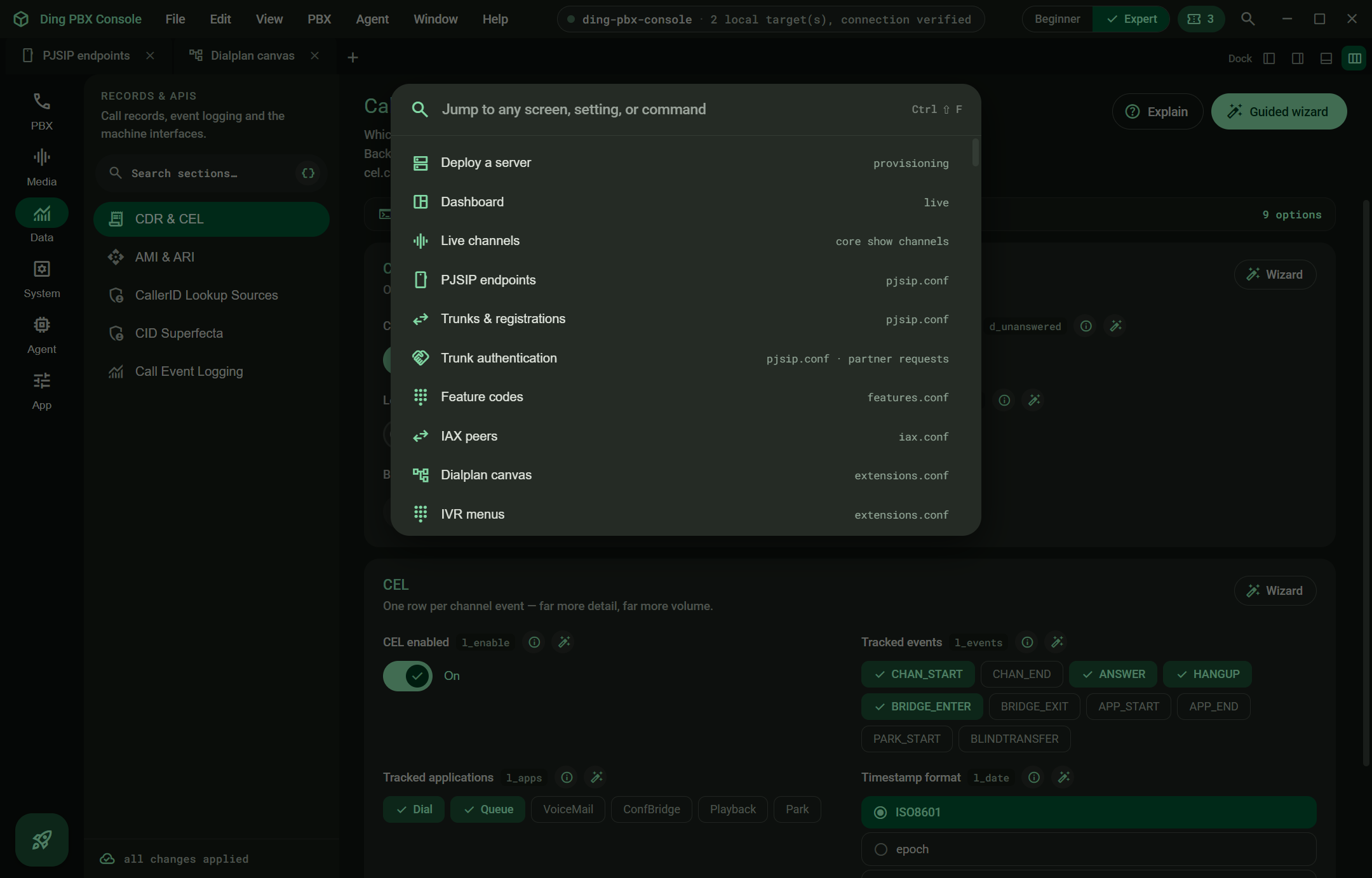 Call records in Material Asterisk. Call detail and channel event logging, with the events and applications each backend records.