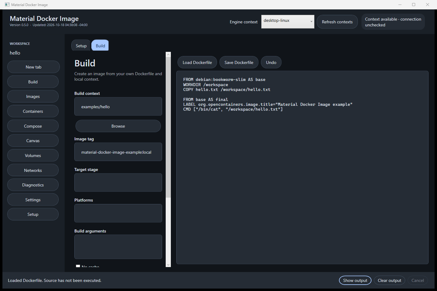 Native WPF Build workspace with the restored example Dockerfile