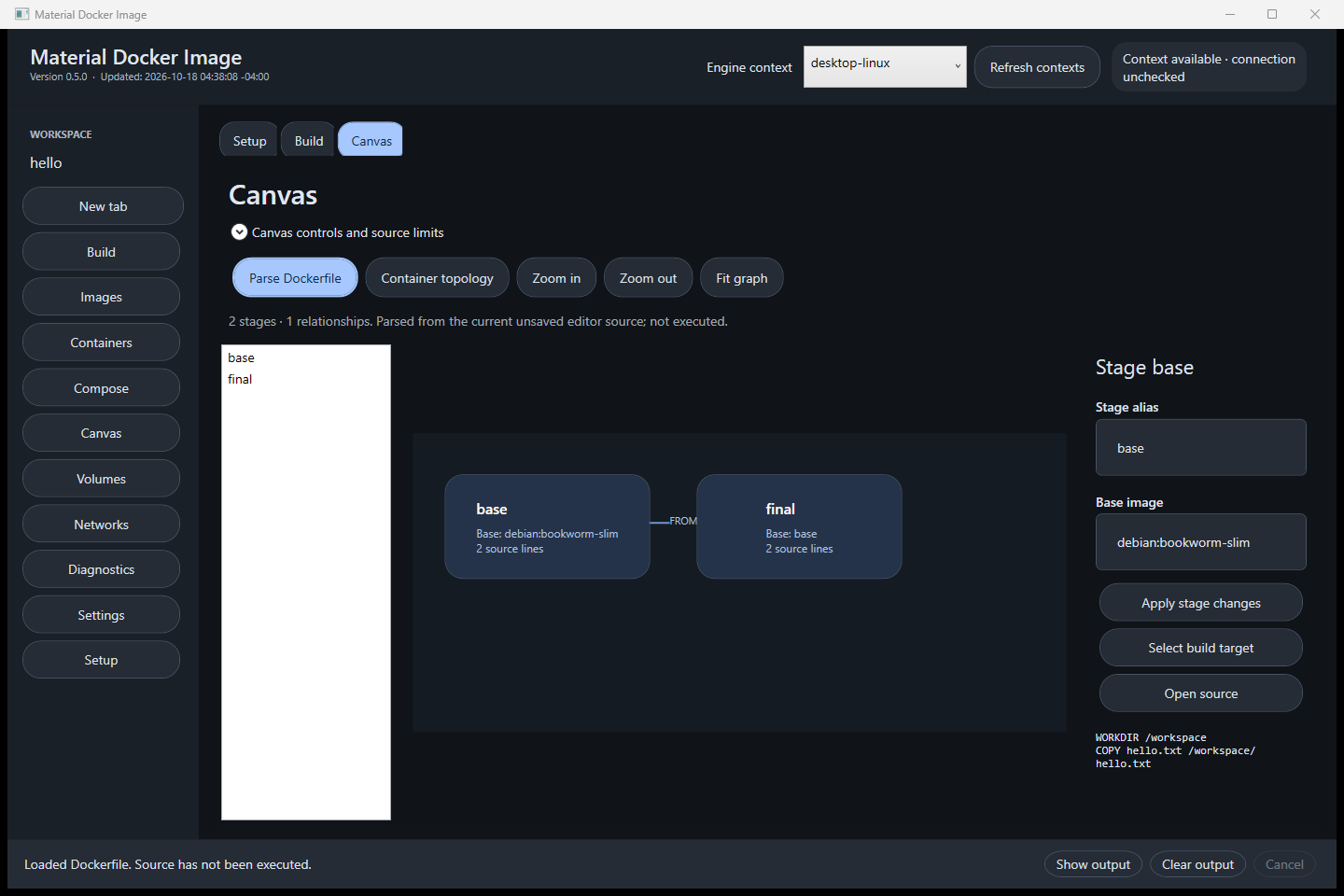 Native WPF Dockerfile Canvas with stage graph, object list and inspector at normal window size