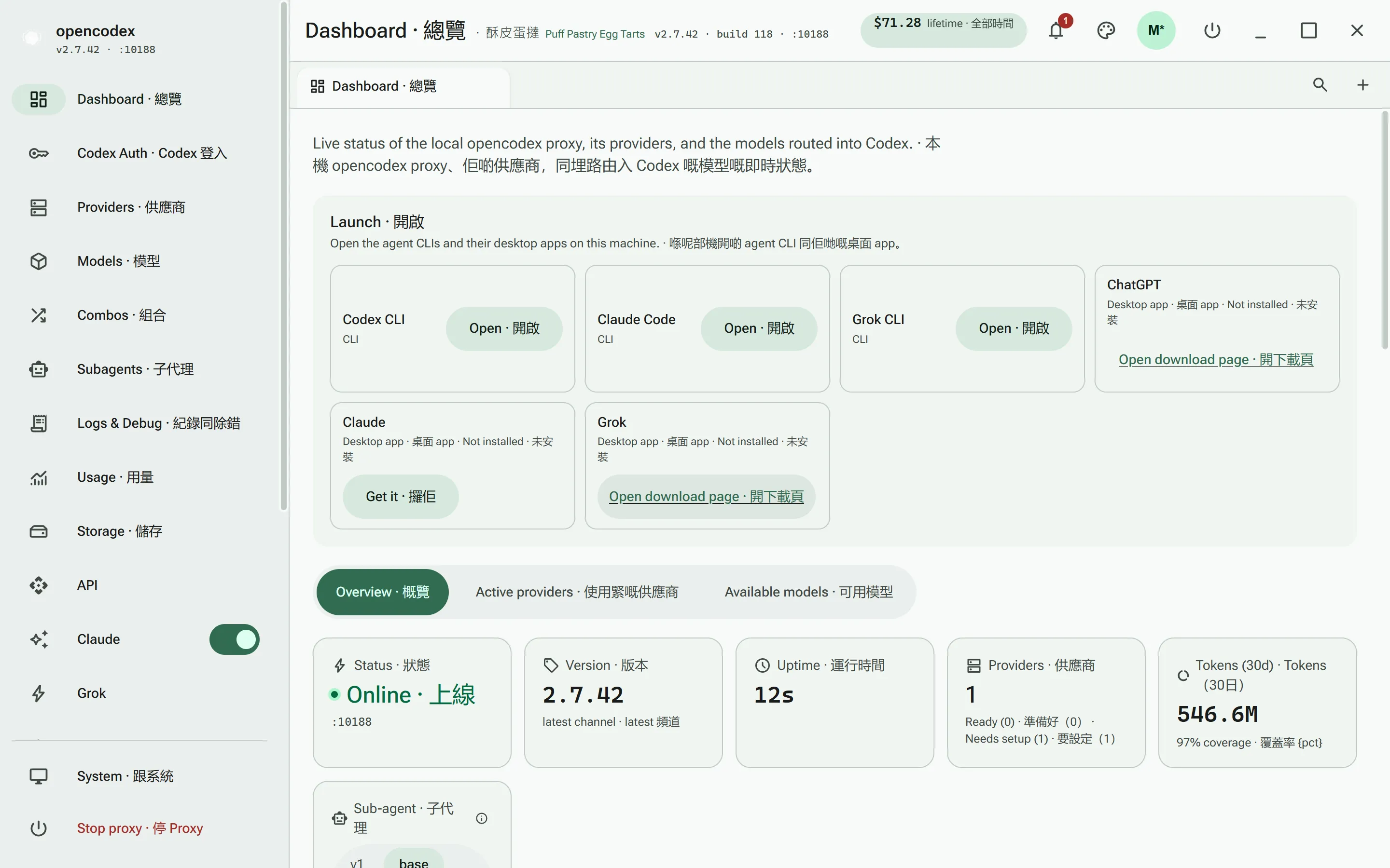 The opencodex dashboard: live proxy status, provider counts, an estimated cost meter, and a Launch card listing the agent CLIs it found installed